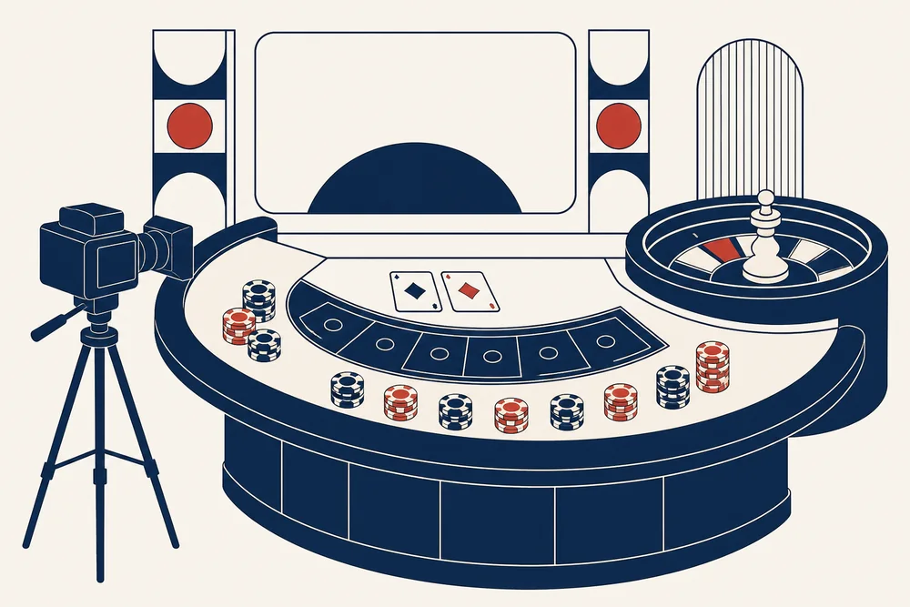 Mesa de casino curva con fichas y cartas, una rueda de ruleta al costado y una cámara de estudio apuntando a la mesa.