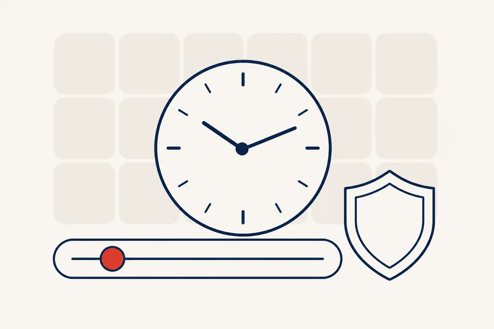 Reloj, control deslizante de límite y escudo sobre una grilla de fichas.
