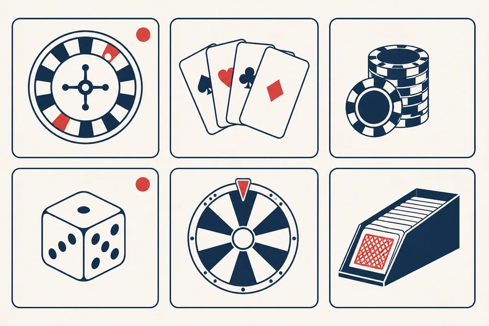 Seis fichas de lobby con motivos de ruleta, cartas, fichas, dado, rueda de premios y zapato de baccarat.