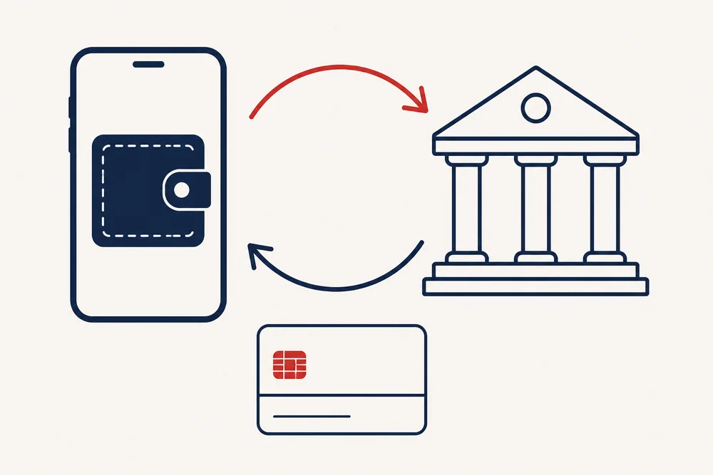 Teléfono con billetera, flechas de ida y vuelta hacia un banco y una tarjeta con chip.