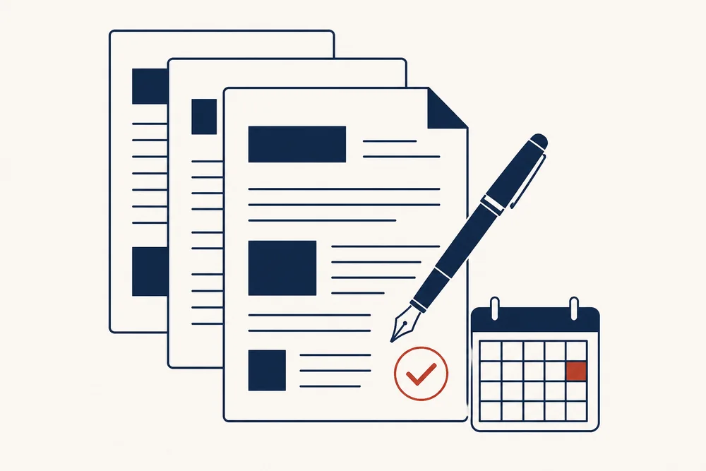Documentos, pluma, sello de verificación y calendario.